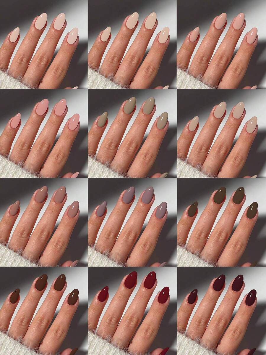 288 buah (12 Warna Campuran) Kuku Akrilik Tempel Pendek Oval Mengkilap Merah, Merah Muda, dan Cokelat, Cocok untuk Seni Kuku Musim Gugur/Musim Dingin - MultiWarna - View 1