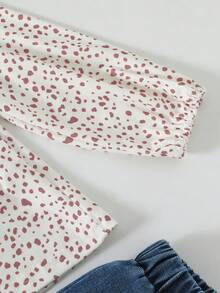Girls' Gentle Small Ditsy Floral Half-Button Puff Sleeve Blouse & Elastic Waist Wide Leg Denim Jeans Casual 2-Piece Set, Spring/Autumn - Multicolor - View 5