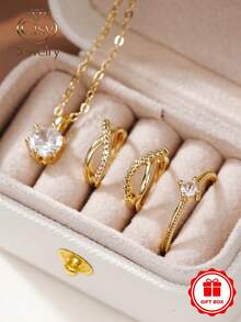 1 Set Of 4 Elegant Cubic Zirconia Necklace, Ring, Earrings, Women's Wedding Anniversary Gift (Gift Box Not Included) - 1# - View 2