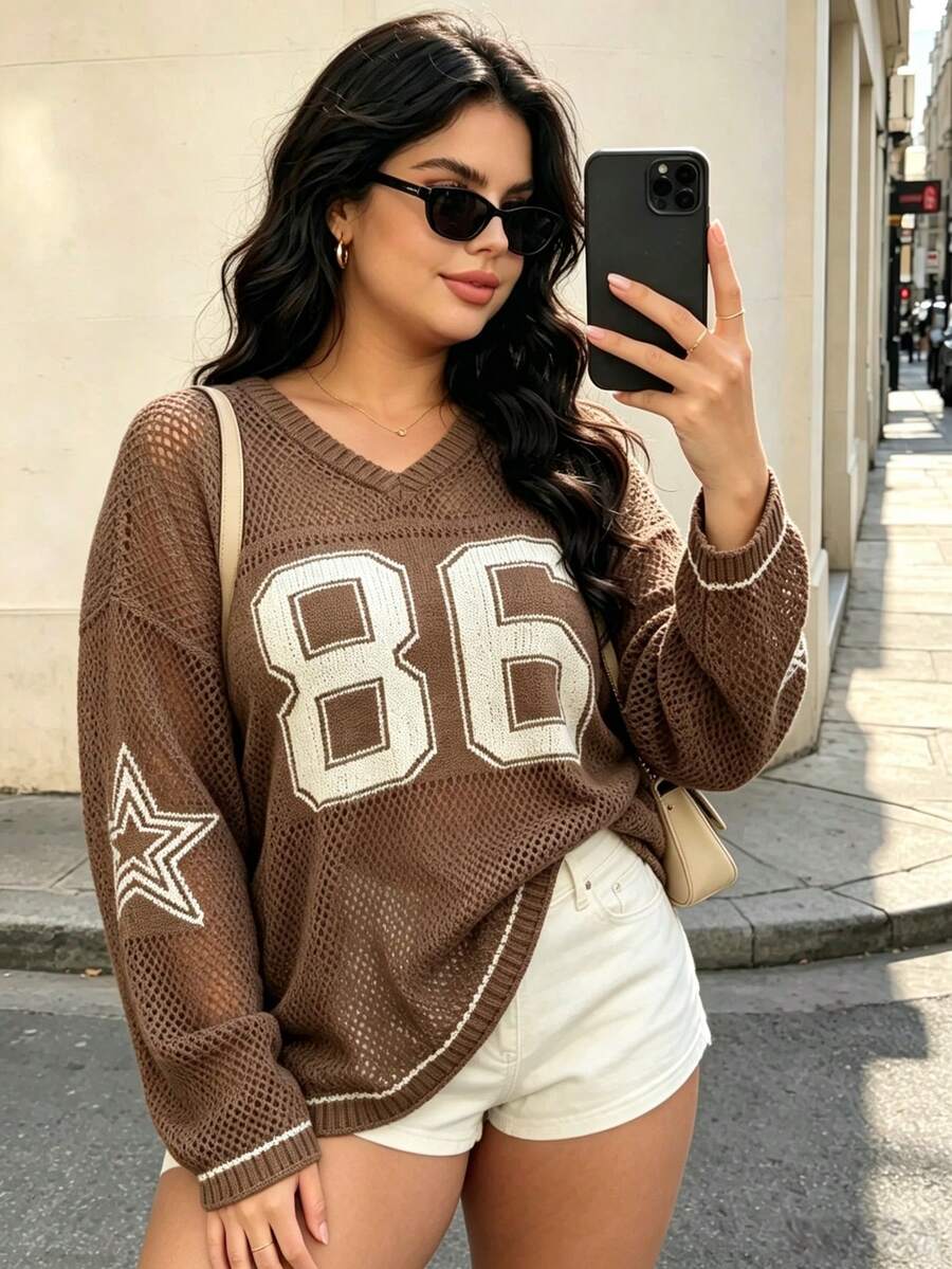 Plus Size Women's Summer Couple Matching Plus Size Loose Sweatshirt, Numeric Print Casual Relaxed Style Outerwear, Elegant Sheer Knit Top Spring - Coffee Brown - View 1