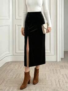 Women's High Waist Side Button Slit Skirt, Black Velvet Mid-Length Skirt, Suitable For Afternoon Tea/Vacation/Date/Party Wear - Black - View 1