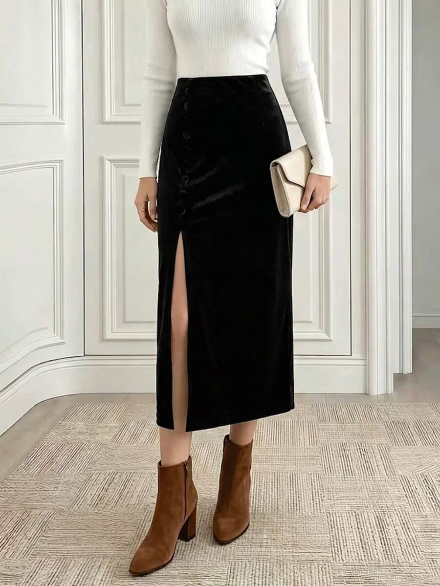 Women's High Waist Side Button Slit Skirt, Black Velvet Mid-Length Skirt, Suitable For Afternoon Tea/Vacation/Date/Party Wear - Black - View 1
