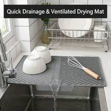 1pc Kitchen Countertop Silicone Drain Mat Coaster, Built-In Drainage Edge And Hanging Hole, Quick Dry Heat Resistant Non-Slip, Easy To Clean, Suitable For Tableware, Bar Counter And Sink Drainage - Grey - View 5