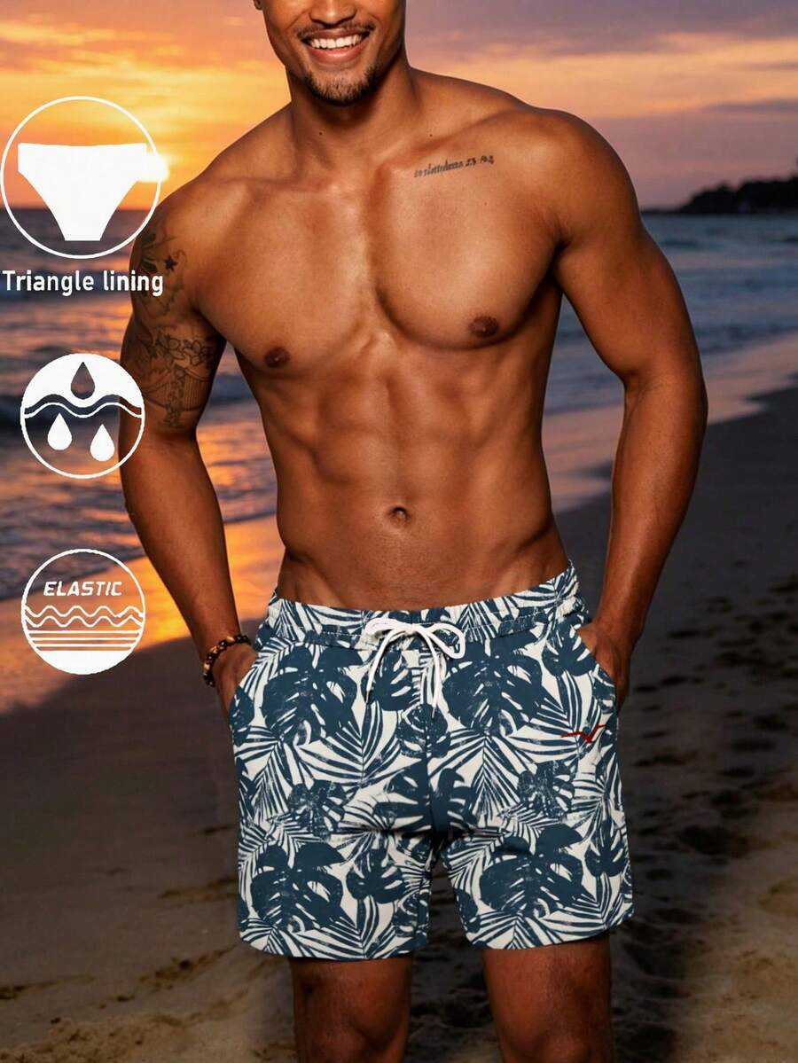 男士夏季衝浪板短褲，棕櫚樹印花，可調節腰圍泳褲