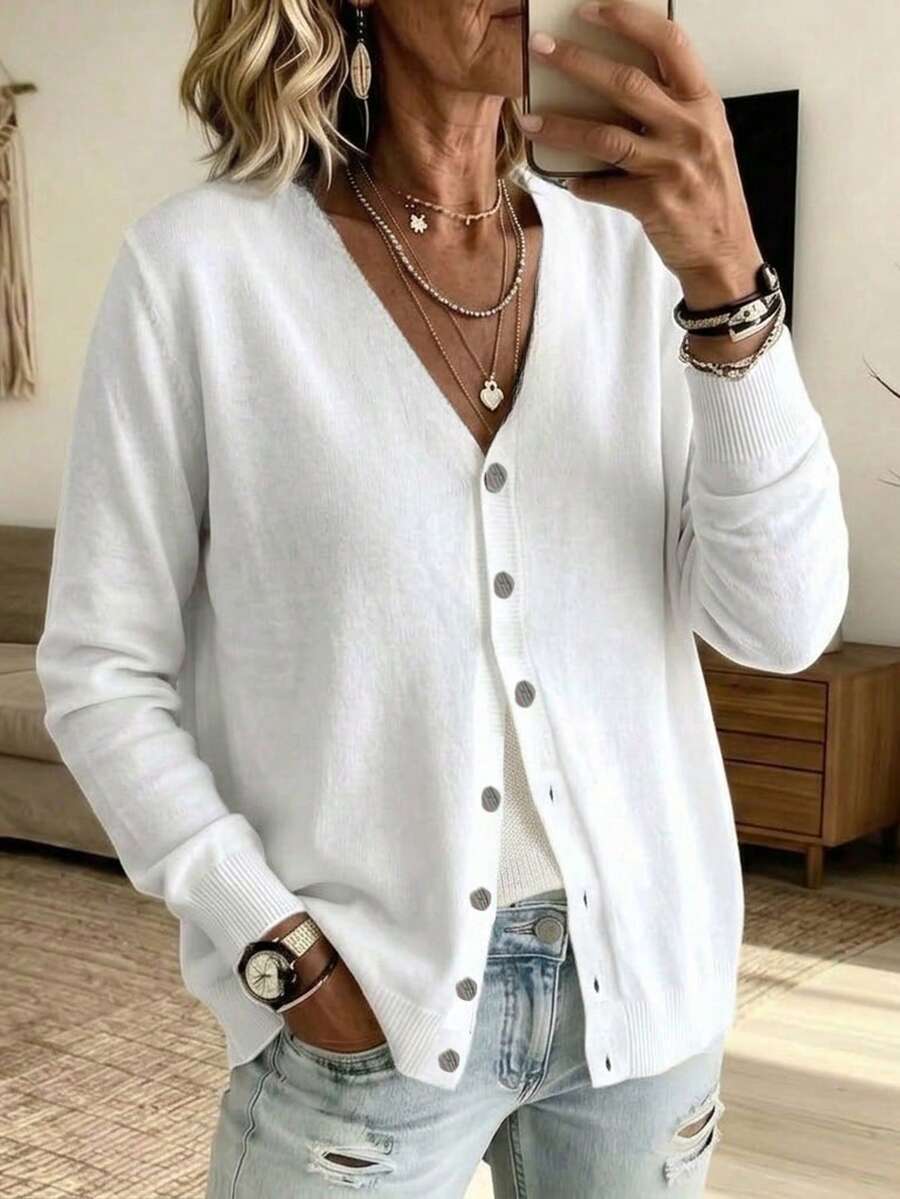 Cardigan Rajut Bergaris Lengan Panjang Wanita Warna Putih dengan Kerah V dan Kancing Depan, Sempurna untuk Pakaian Musim Gugur/Musim Dingin - Putih - View 1