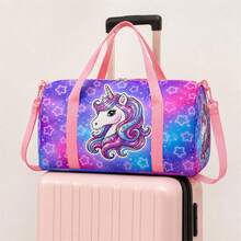 Galaxy獨角獸與星星印花旅行行李包，適合女孩與兒童，粉色拉鍊手提包附頂部提把與肩帶，適合舞蹈與露營 - 獨角獸-3 - 查看 6
