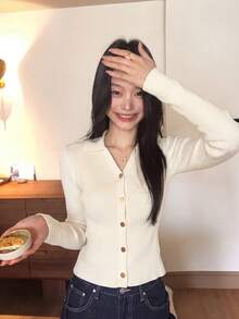 Women's Design Metal Button Lapel Ribbed Knit Cardigan, Single-Breasted Slim Fit Flattering Inner Layer Sweater Top, Autumn/Winter New Style - Apricot - View 3