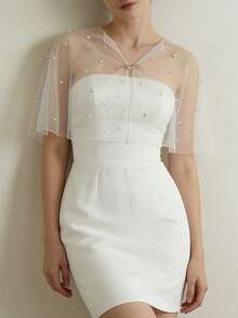 1pc Ivory Short Beaded Bridal Shawl, Rhinestone Decor Wedding Party Bridal Gown Accessory, Thin Sheer Mesh - Milky - View 7