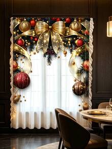 1pc Christmas Atmosphere Decoration Christmas Ball, Snowflake, Reindeer, Pine Needle Pattern Rod Pocket Curtain With Tassel And Scalloped Edge, Eyelet Design Light-Filtering But Privacy-Protecting Rod Pocket Curtain, Suitable For Living Room And Bedroom, Door Curtain, Kitchen Curtain, Noise Reduction, Christmas Decoration Rod Pocket Curtain Valance - Multicolor - View 6
