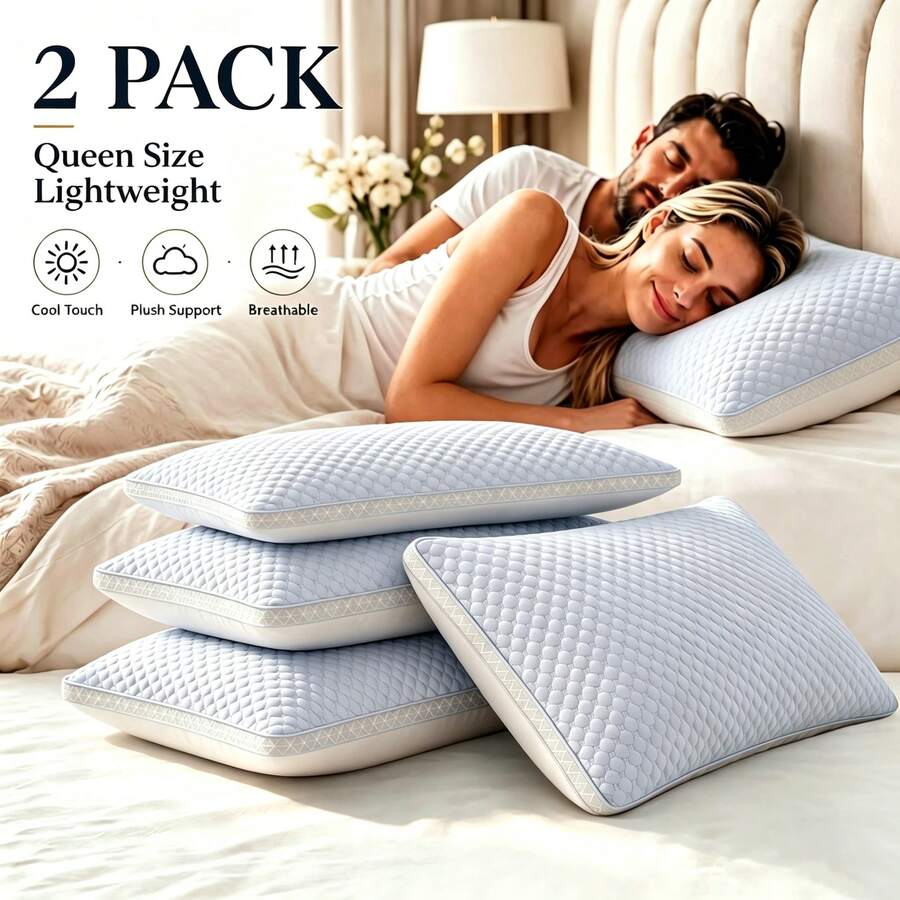 2PCS Lightweight, Moisture-Wicking Winter Pillows With A Textured Feel, Hotel-Quality Warm Bed Pillows That Stay Supportive, Soft And Skin-Friendly, Breathable Sleep Pillows, Perfect For Side, Back, Or Stomach Sleeping, Ideal For Winter Bedrooms. - 2PCS Blue - View 1