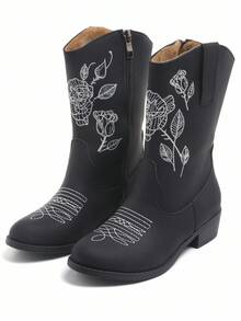 Black Rose Embroidered Kids Boots, Cool & Stylish Vintage Fashion Versatile Lightweight Soft Sole Anti-Slip - Black - View 8