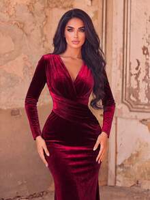 Faeriesty Women's Elegant Deep V-Neck Mermaid Evening Gown, Long Sleeve With Train -. Party Spring Fall Wedding - Maroon - View 3