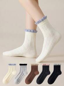 ZUJO 5 Pasang Kaos Kaki Wanita Setengah Betis dengan Renda Bergelombang, Desain Hati Rajutan Kabel Bertekstur 3D, Sederhana, Nyaman, dan Bernapas, Cocok untuk Dipakai di Musim Semi, Gugur, dan Musim Dingin - MultiWarna - View 2