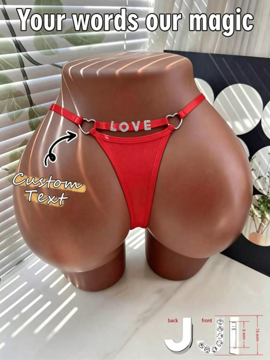 Celana Dalam Renda Bordir Hati Berlian Imitasi dengan Nama Kustom, Pakaian Dalam Pengantin Seksi, Hadiah Valentine Romantis untuk Pacar - MultiWarna - View 1