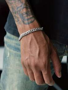 SeuSuk 1pc Casual Fashion Classic Men's Stainless Steel Cuban Link Bracelet, Hip Hop Jewelry Accessory With Extension Chain, Suitable For Daily Wear - Silver - View 3