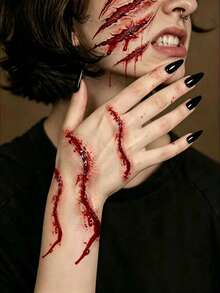 3 Styles Halloween Zombie Scar Temporary Tattoo Stickers, Realistic Bloody Wound Stitch Scar Body & Face Waterproof Tattoo Stickers, Costume Party Prank Makeup Props - Red - View 4