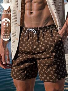 Men's Hawaiian Beach Print Swim Shorts With Lining, Anti-Embarrassment Beach Swimwear - Brown - View 10