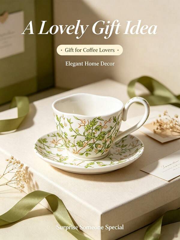 Vintage Green Plant Floral Ceramic Coffee Cup & Saucer Set, Asymmetrical Ruffled Cup Body Design, Fresh Botanical Print, Ceramic Material, Includes Cup And Matching Saucer. Suitable For Brewing Coffee, Tea, For Home Tabletop Display, Afternoon Tea Use, Atmospheric Home Decor Ornament, Exquisite And Elegant Style. Suitable As Birthday, Holiday Gift Choice, Fits Living Room, Bedroom, Office Scenes, Dual Use For Daily Drinking And Soft Decor Matching, Simple Pastoral Style Home Cupware.