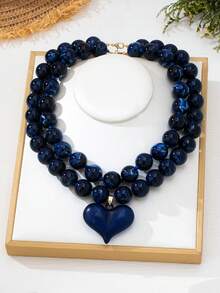 OABE 2pcs/Set Bohemian Style Heart Pendant With Blue Beaded Layered Necklace Set, Suitable For Women's Daily Wear, Holiday/Anniversary Surprise Gift - Navy Blue - View 6