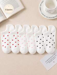 3/6/12 Pairs Women's Random Small Heart Solid Color Fashion Minimalist Low-Cut Invisible Spring/Summer Boat Socks, Soft Comfortable Breathable Versatile Preppy Style Cute Casual Suitable For Daily Use - Multicolor - View 10