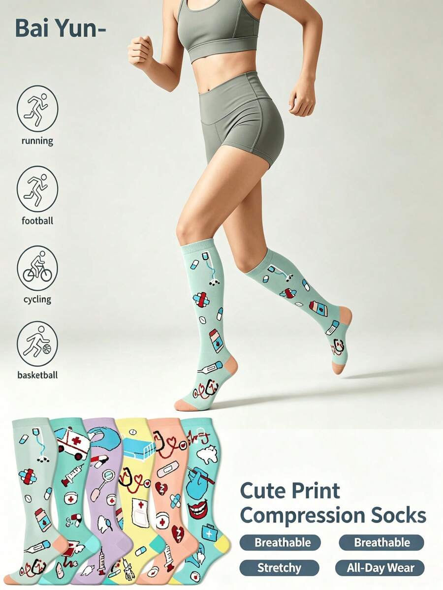Unisex 1/3 Pairs Holiday Print Over‑The‑Knee Compression Socks, Halloween Christmas New Year Pressure Socks For Sports Fitness, Random Color - Multicolor - View 1