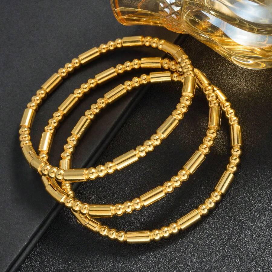 3pcs Set Elegant Charming 18K Gold Plated Copper Shiny Beaded Bracelet Set, Minimalist Daily Wear For Women, Fashionable Jewelry Gift - Gold 2 - View 1