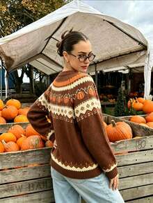 Autumn/Winter Halloween Pumpkin Pattern Knit Cardigan, Loose Fit Slimming Round Neck Button Sweater Jacket For Women - Multicolor - View 3