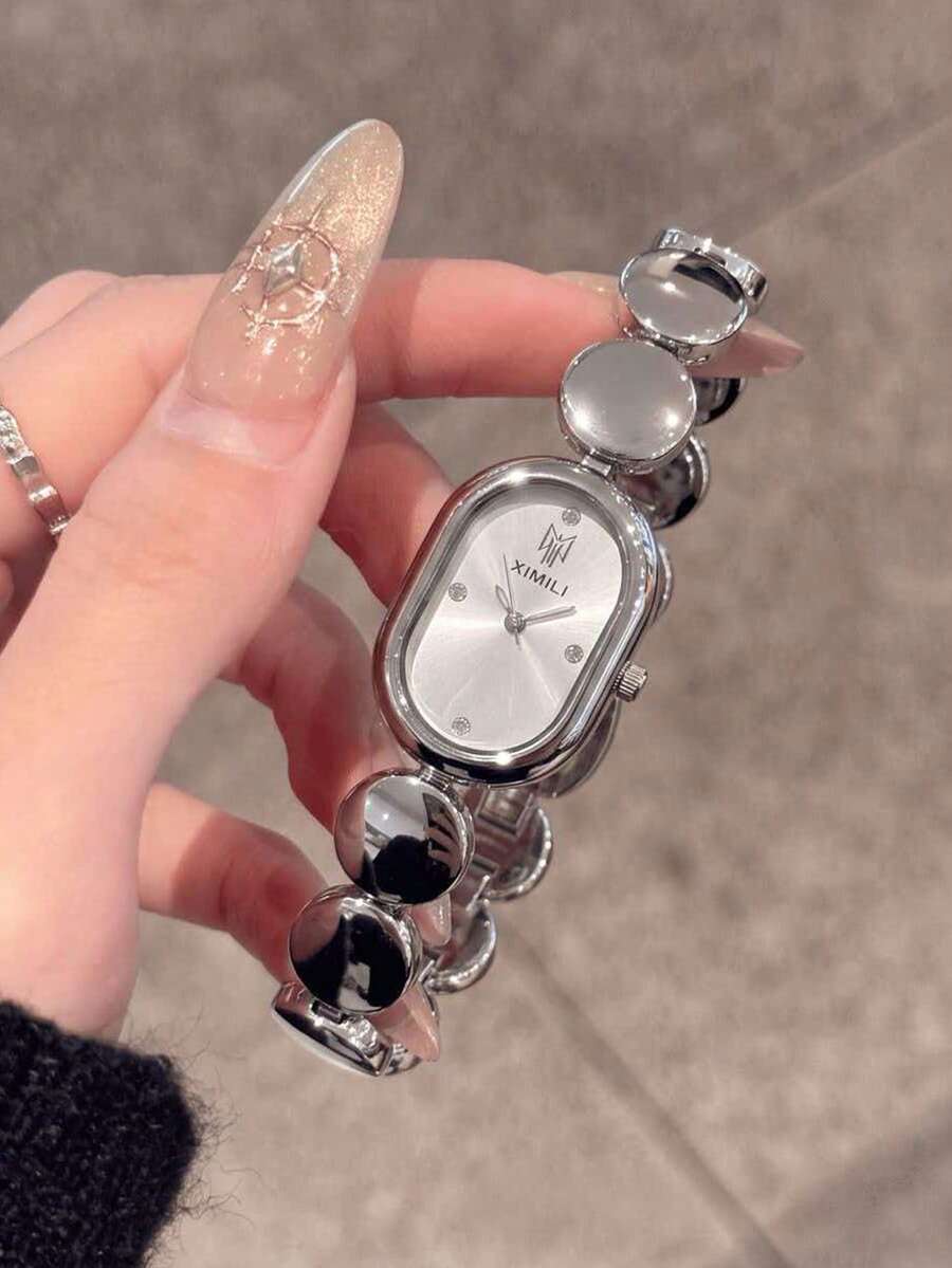 1件/套 女款奢華橢圓小金珠手鍊腕錶,鑲鑽錶盤石英錶,小眾高端風格,適合通勤、宴會、約會場合,節日禮物、生日禮物、聖誕禮物等 - 銀色 - 查看 1