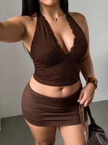 Plus Size Y2K Polka Dot Spaghetti Strap Crop Top, Women's Deep V-Neck Lace Trim Sleeveless Fitted Camisole - Brown - View 3