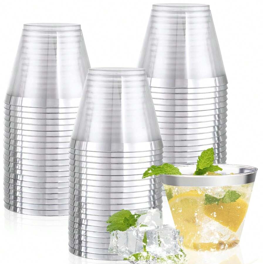 25pcs Reusable ABS Material Silver Rim Glass Acrylic Cups, 250ml, 25 Pack - Multicolor - View 1