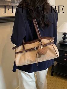 FEISTURE 1件裝女款麂皮扣飾單肩包，時尚吊飾手提包，適合女孩、女性、大學生、職場新人與白領上班族，完美適用於工作、商務、通勤、上學 - 卡其色 - 查看 5