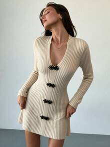 Women's Fall/Winter Oatmeal V-Neck Frog Button Soft Ribbed Knit Bodycon Mini Dress, Long Sleeve Cinched Waist Sexy Elegant Party Date Layering Wear - Apricot - View 6