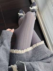 1pc Women's Casual Versatile Textured Dark Gray & White Leggings, High Elasticity Soft & Comfortable, Vintage Pattern Tights, Suitable For All Seasons - Multicolor - View 12