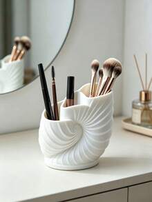 1pc Cute Bow-Shaped Storage Rack, Dual-Compartment Cup Holder, Multi-Function Bathroom Toothbrush & Toothpaste Holder, Vanity Makeup Brush Holder, Bedroom & Kitchen Countertop Decorative Pen & Pencil Organizer - 1 Conch Shell - View 1