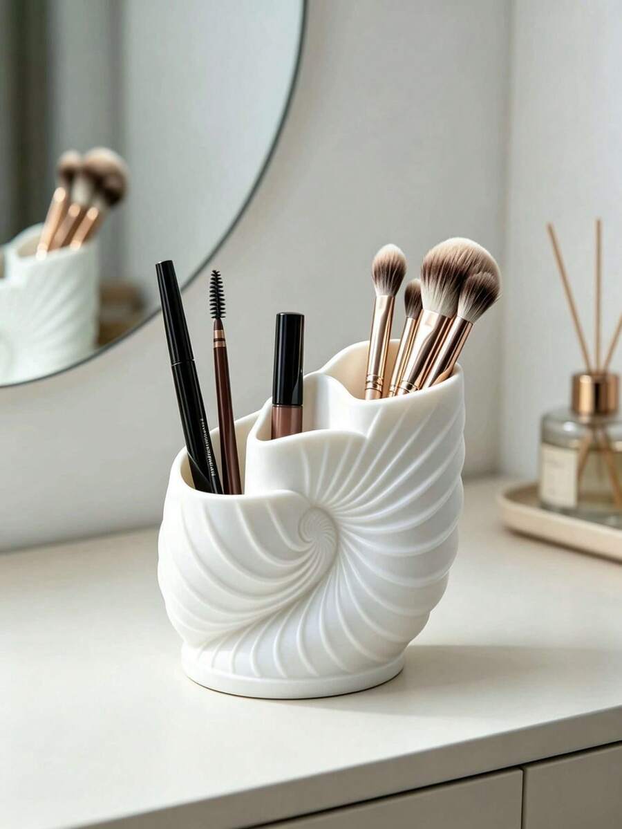 1pc Cute Bow-Shaped Storage Rack, Dual-Compartment Cup Holder, Multi-Function Bathroom Toothbrush & Toothpaste Holder, Vanity Makeup Brush Holder, Bedroom & Kitchen Countertop Decorative Pen & Pencil Organizer - 1 Conch Shell - View 1