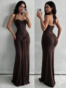 Spring/Autumn Solid Color Halter Tie Sleeveless Cinched Waist Long Elegant Dress, Party Date Dinner Afternoon Tea Evening Gown, Summer - Dark Brown - View 2
