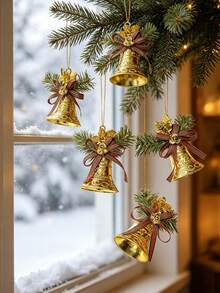 6/1pc Christmas Hanging Bell Decorations, Plastic Bells With Bow Decorations - Golden Bell Christmas Tree Decorations, Suitable For Holiday Parties, Christmas Tree Decorations, Festive Decorations, Decorating Doors - one-size - View 4