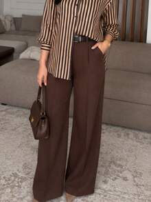 Women's Solid Color Casual Versatile Wide Leg Pants For Daily Wear - Brown - View 6