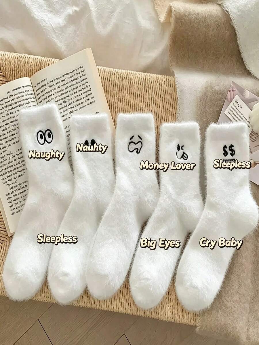 5 Pairs White Expression Socks, Various Different Funny Expressions, Suitable For Girls' Daily Wear In Autumn/Winter, Warm And Comfortable.