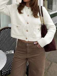GLAMSKIN Cardigan Rajut Pendek Wanita Musim Gugur/Musim Dingin, Sweater Lengan Panjang Kerah Bulat dengan Kancing Depan dan Kantong Berpenutup, Pakaian Luar untuk Kantor dan Pakaian Sehari-hari - Aprikot muda - View 4