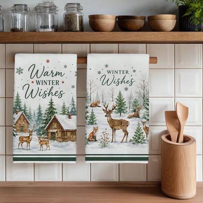 2PCS Kitchen Towels Winter Forest Animal Deer Pattern Print 40*60cm Minimalist Watercolor Style Rectangular Microfiber Soft Kitchen Towels, Dish Cloths, Tablecloths, Hand Towels, Christmas Home Decor, Bathroom Kitchen Decor, Neighbor Housewarming Gift, Perfect For Kitchen And Bathroom Use, Suitable For Housewives And Family Gatherings Gift, High Cost-Performance, Household Essential