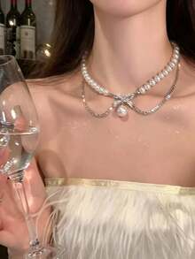 1pc Exquisite Pearl Beaded Bow Necklace, Suitable For Daily Wear, Fashion Necklace Accessory For Parties, Birthday Gift Necklace For Girlfriend - Silver - View 7