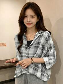 2pcs/Set Women's Spring/Summer New Short Shirt & Camisole Top, Loose Sun Protection Blouse, Plaid Thin Semi-Sheer Chiffon White - White - View 2