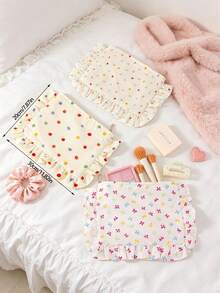Cute Floral Print Makeup Bag With Pleated Edge Design,Large Capacity Handbag,Portable Zipper Storage Bag,Travel Storage Bag,Coin Wallet,Toiletries Bag - Multicolor - View 3