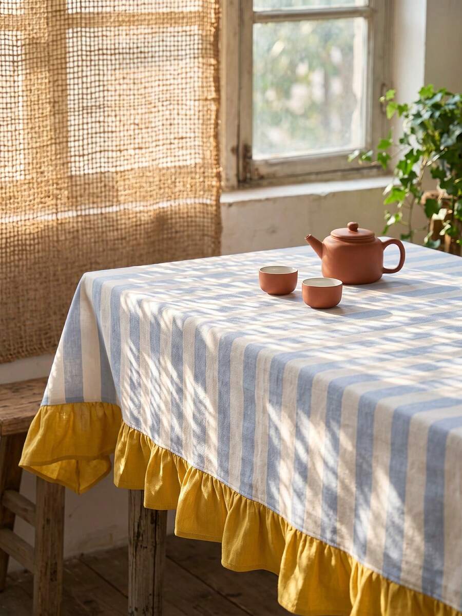 1pc Blue & White Large Plaid With Bright Yellow Ruffle Edge Tablecloth, Lively Pastoral Style Fabric Material, Rectangular Yellow Ruffle Edge Patchwork Detail Decoration, Functional Home Long Tablecloth Suitable For Family Gatherings And Vibrant Home Decor Scenes - Blue - View 1