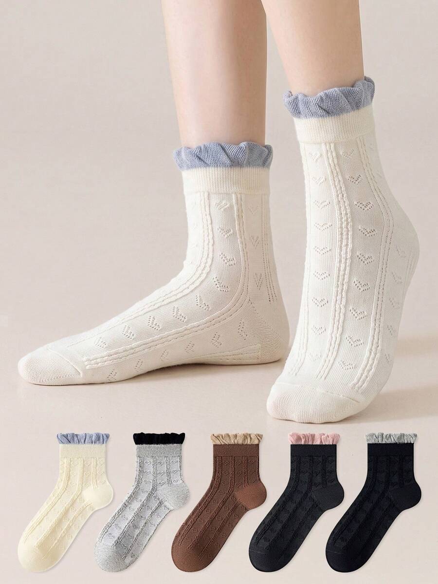 ZUJO 5 Pasang Kaos Kaki Wanita Setengah Betis dengan Renda Bergelombang, Desain Hati Rajutan Kabel Bertekstur 3D, Sederhana, Nyaman, dan Bernapas, Cocok untuk Dipakai di Musim Semi, Gugur, dan Musim Dingin - MultiWarna - View 1