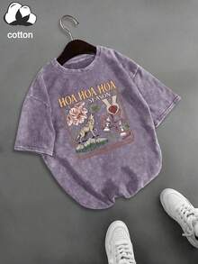 大尺碼女款日常 Twilight 主題狼與花卉印花圓領短袖休閒 T-shirt 上衣，春夏秋度假穿搭 - 淡紫色 - 查看 2