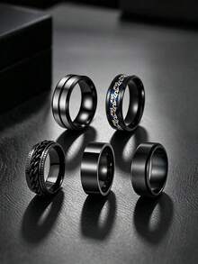 5PCS Black Stainless Steel Men's Rings, Punk Dragon Pattern Spinner Chain Rings, Couple Wedding Promise Jewelry For Daily Business Casual - Multicolor - View 7