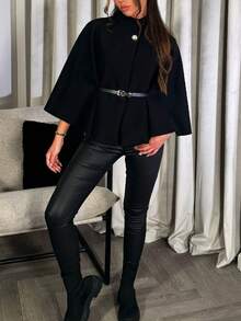 Women's Fashionable Elegant Short 3/4 Sleeve Stand Collar Loose Woolen Coat With Belt, Winter Black Fall - Black - View 2