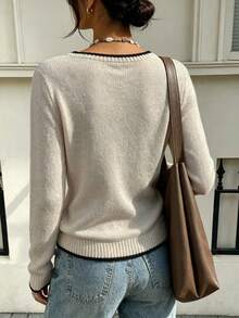 LOVE JOYY Women's Casual Star Pattern Colorblock Knit Sweater, Round Neck Long Sleeve Colorblock Top, Suitable For Daily Casual Autumn/Winter Wear - Apricot - View 6